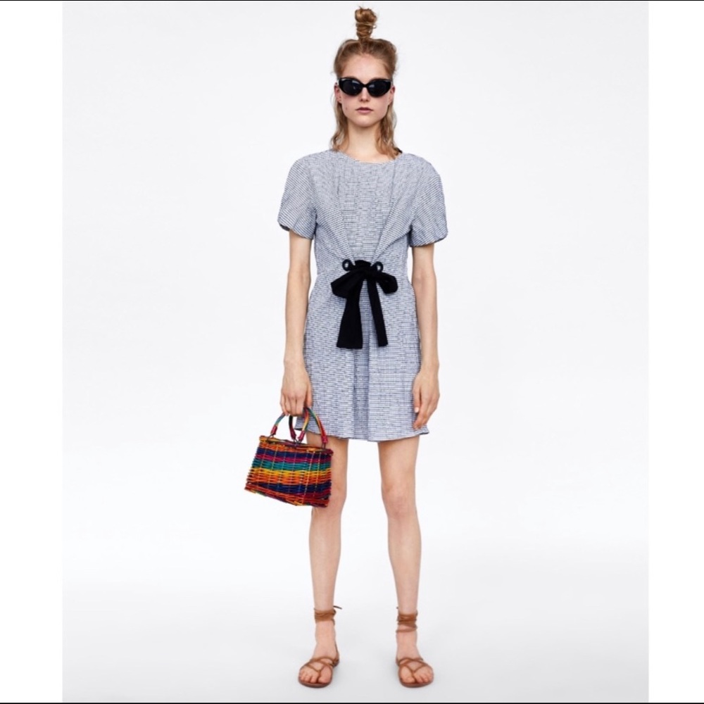 Zara Creased Effect Checked Dress with Bow